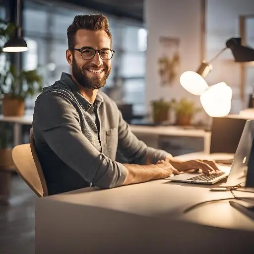 Illustration of Marone, an AI DevOps Engineer, blending human and machine elements in a tech-inspired workspace with laptop.